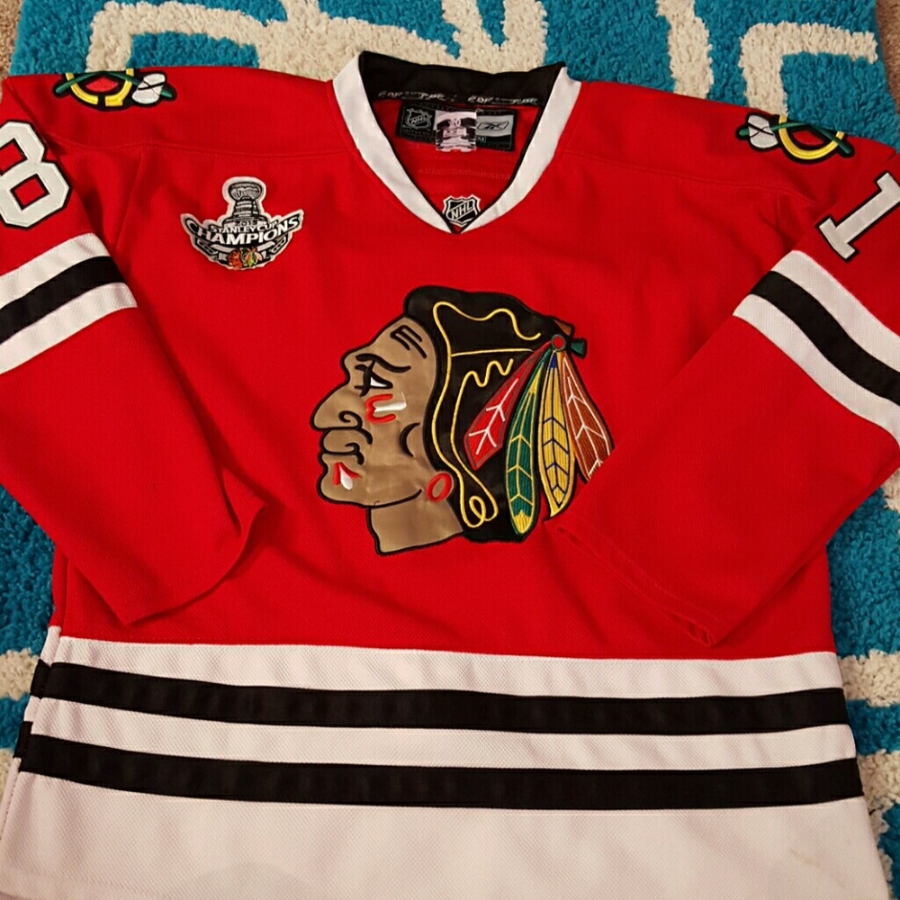 Reebok Red Chicago Blackhawks Hockey Jersey with Black and White Stripes